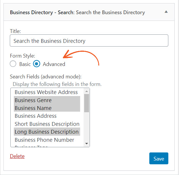 Advanced search widget settings
