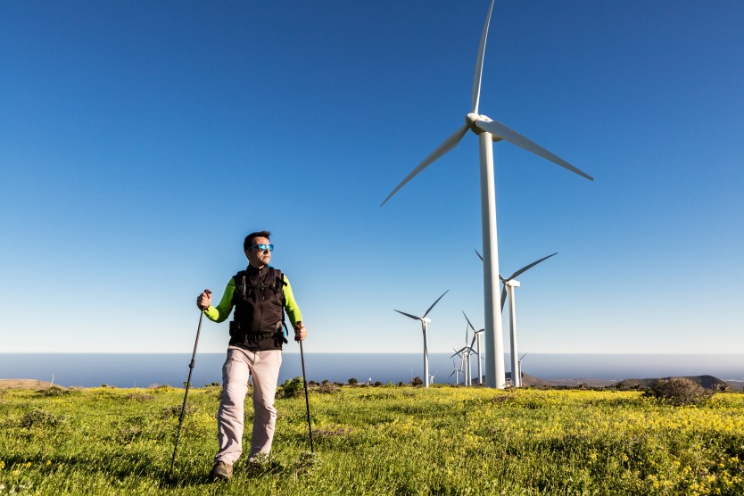 Sustainable Travel: How to Minimize Your Environmental Impact 2 Traveling man with trekking poles in field with windmills