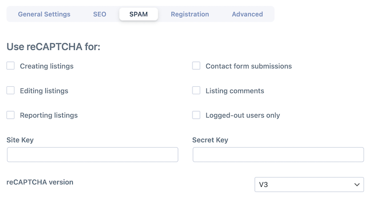 recaptcha settings